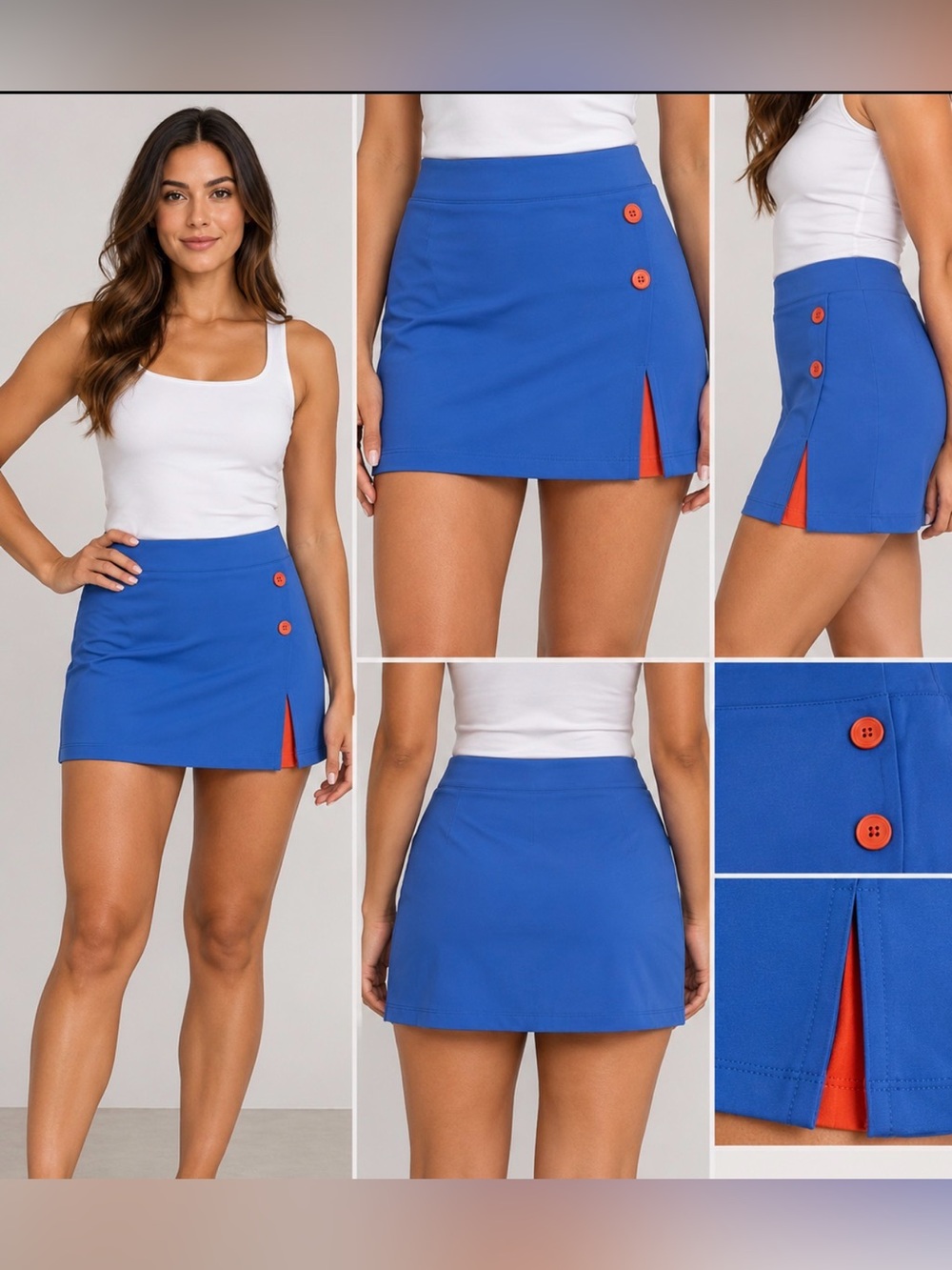 Sport Haley Royal Blue Mini Skirt with Orange Contrast Buttons